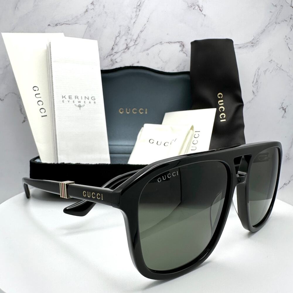 New GUCCI Sunglasses Black Aviator Pilot Gold Logo Metal Red Green Web Gucci